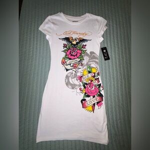 Ed Hardy White Tee Shirt dress with Vibrant Graphics